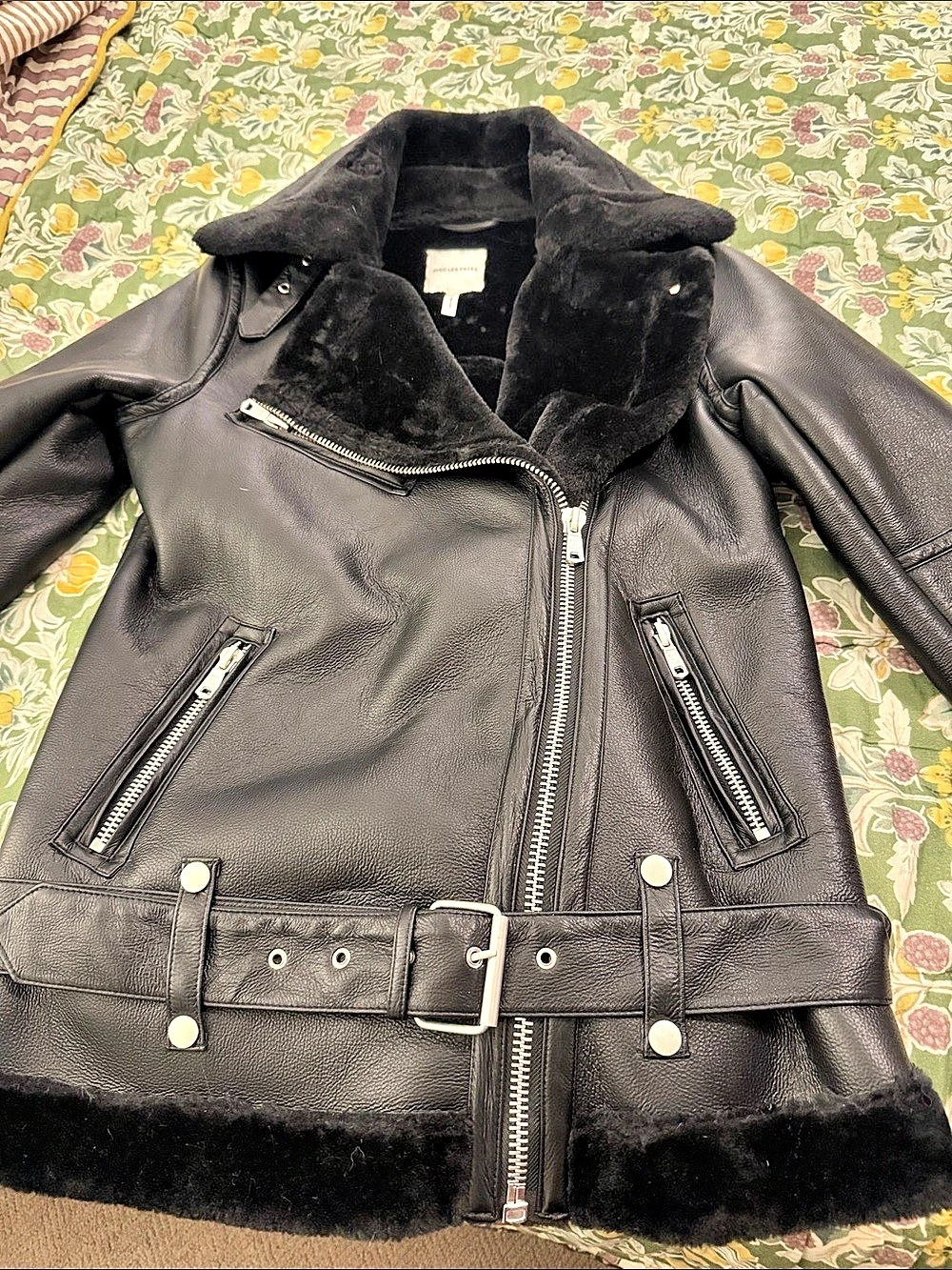 Avec Les Filles Faux Leather Biker Jacket with Faux Shearling Collar Black